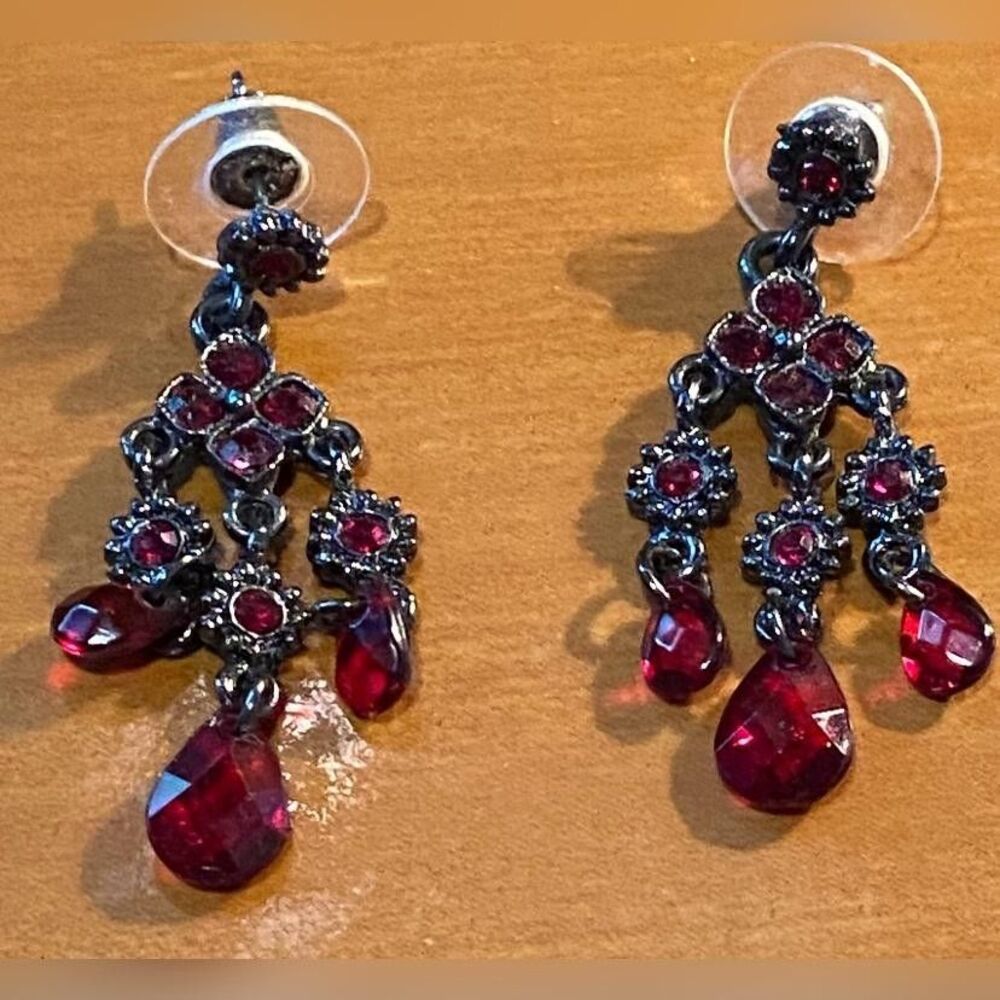Red Glass Rhinestone Chandelier Dangle Drop Earrings Women’s Teardrop Post 1.5"